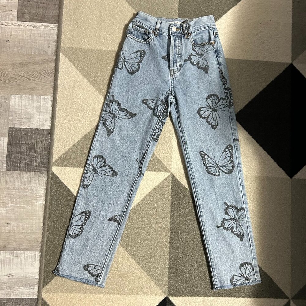 PacSun Butterfly Print BUTTON FLY High Rise Straight Jeans Junior's Size‎ 22